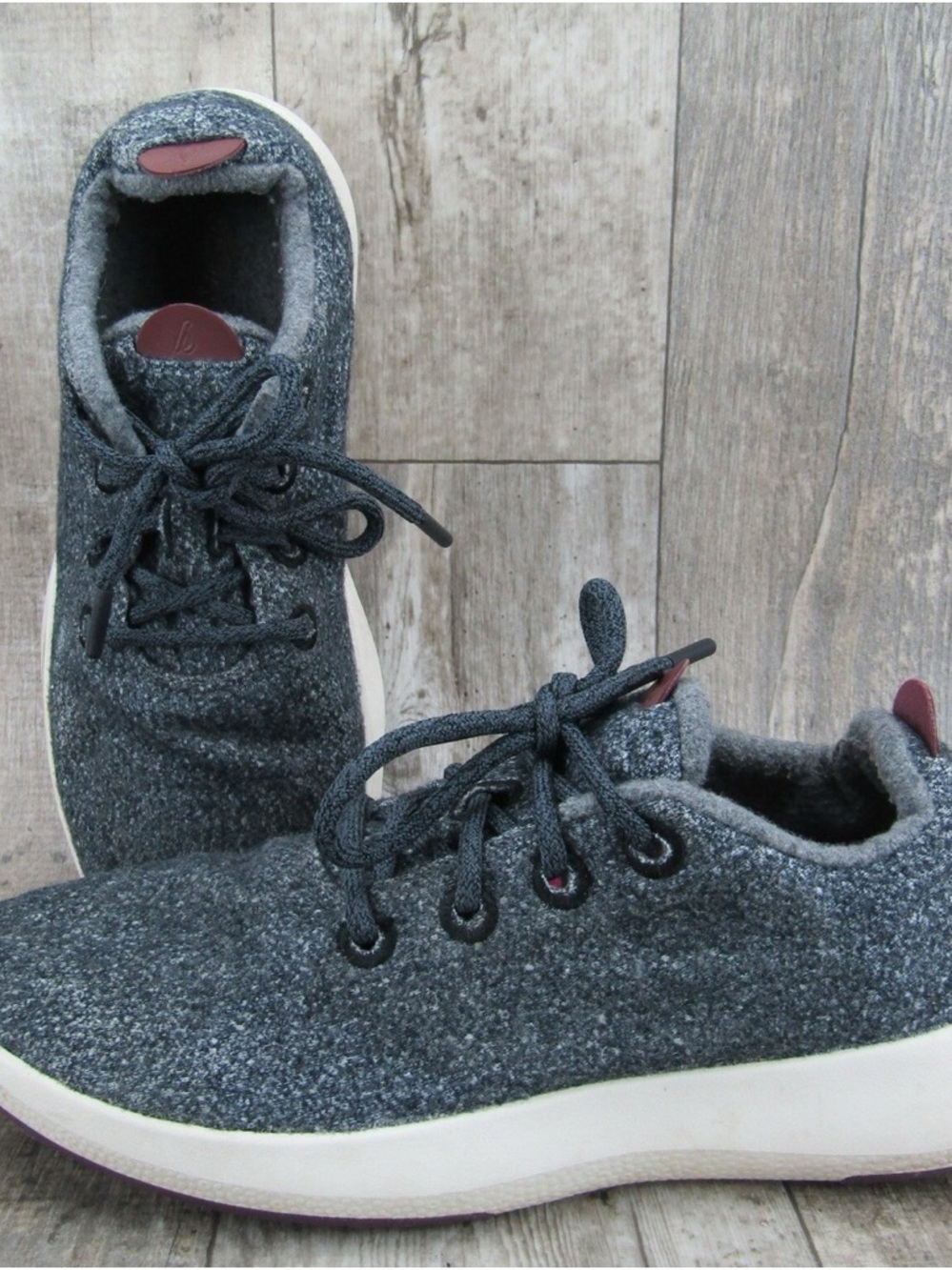 allbirds Women's Grey Wool Runners with White Soles and Maroon Accents